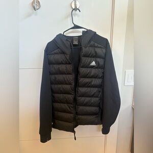 adidas Men’s Black Quilted Puffer Hybrid Hoodie Jacket